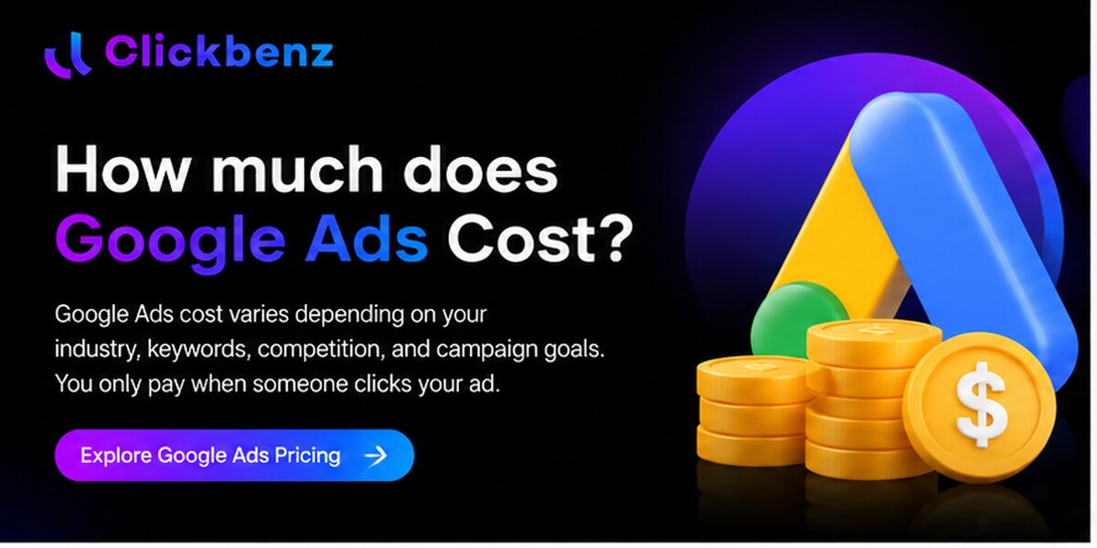 A promotional banner from Clickbenz featuring the bold headline, "How much does Google Ads Cost?