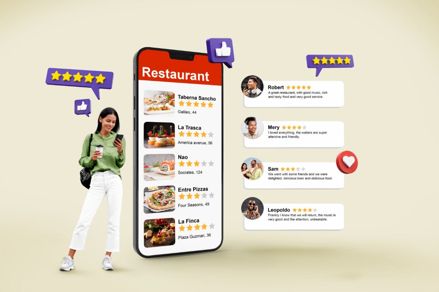 Smiling woman holding a smartphone showing a restaurant review app with listings.